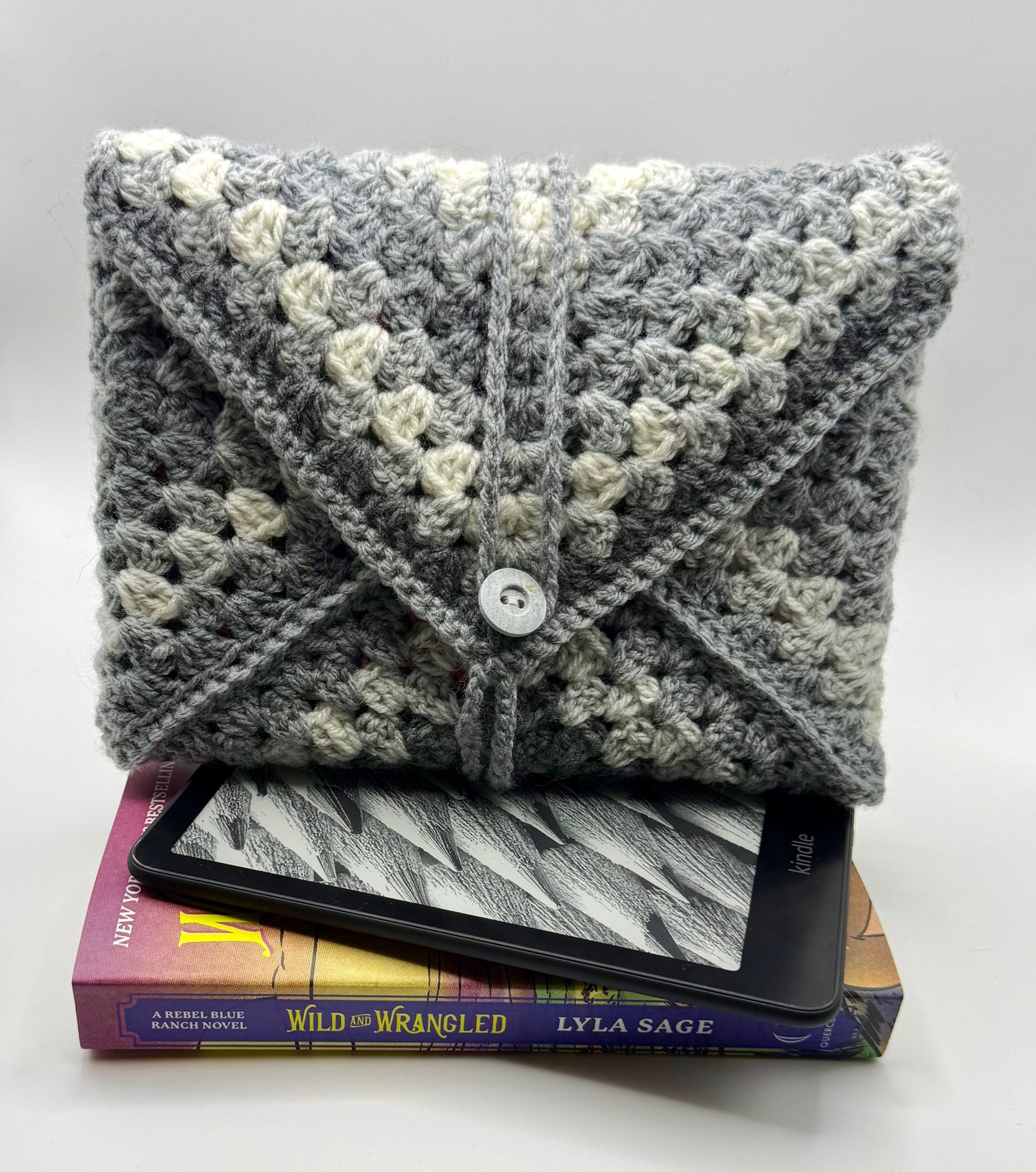 Handmade Crochet Book/Kindle Cozy: Unique Button Closure, Soft Yarn Sleeve