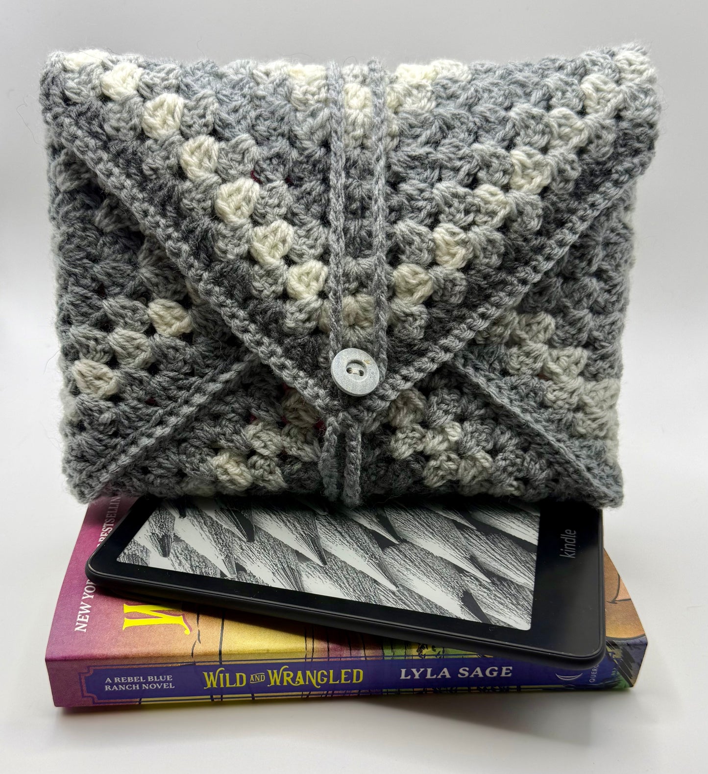 Handmade Crochet Book/Kindle Cozy: Unique Button Closure, Soft Yarn Sleeve