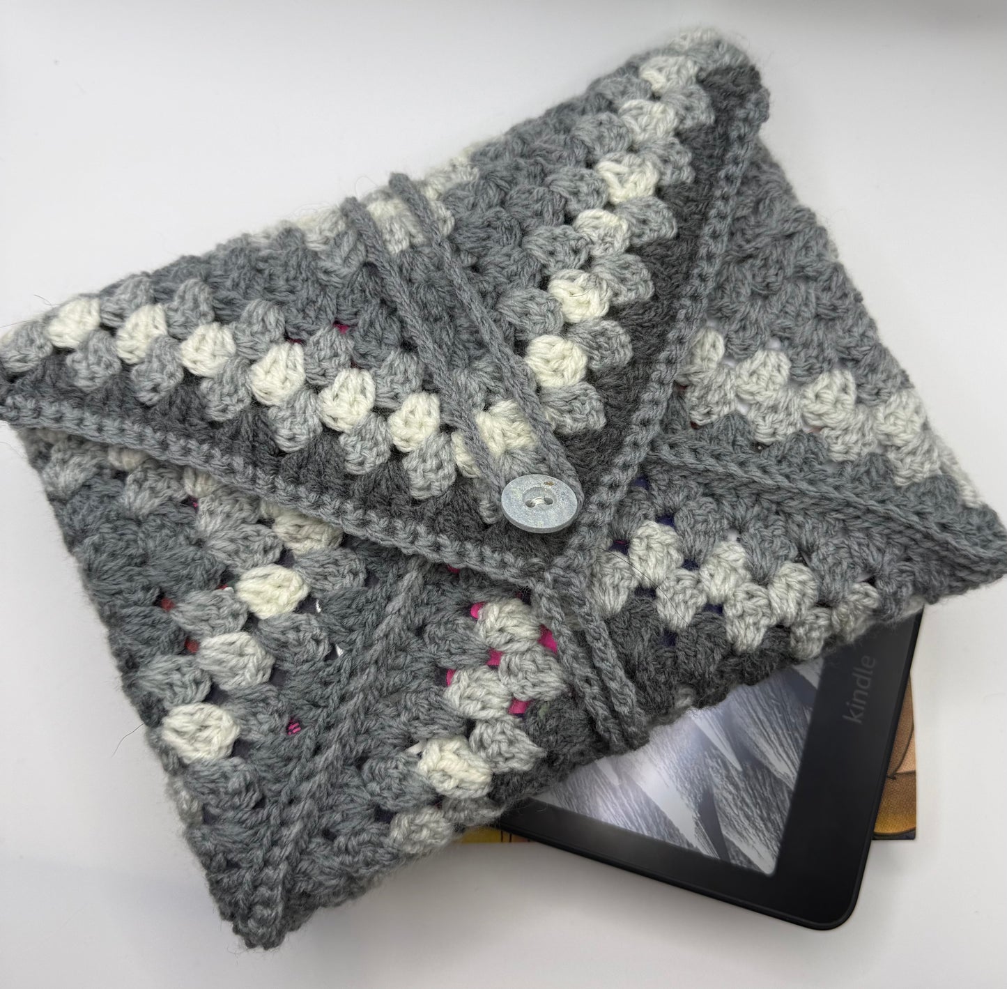 Handmade Crochet Book/Kindle Cozy: Unique Button Closure, Soft Yarn Sleeve