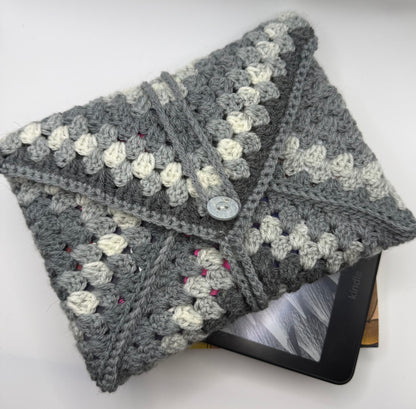 Handmade Crochet Book/Kindle Cozy: Unique Button Closure, Soft Yarn Sleeve