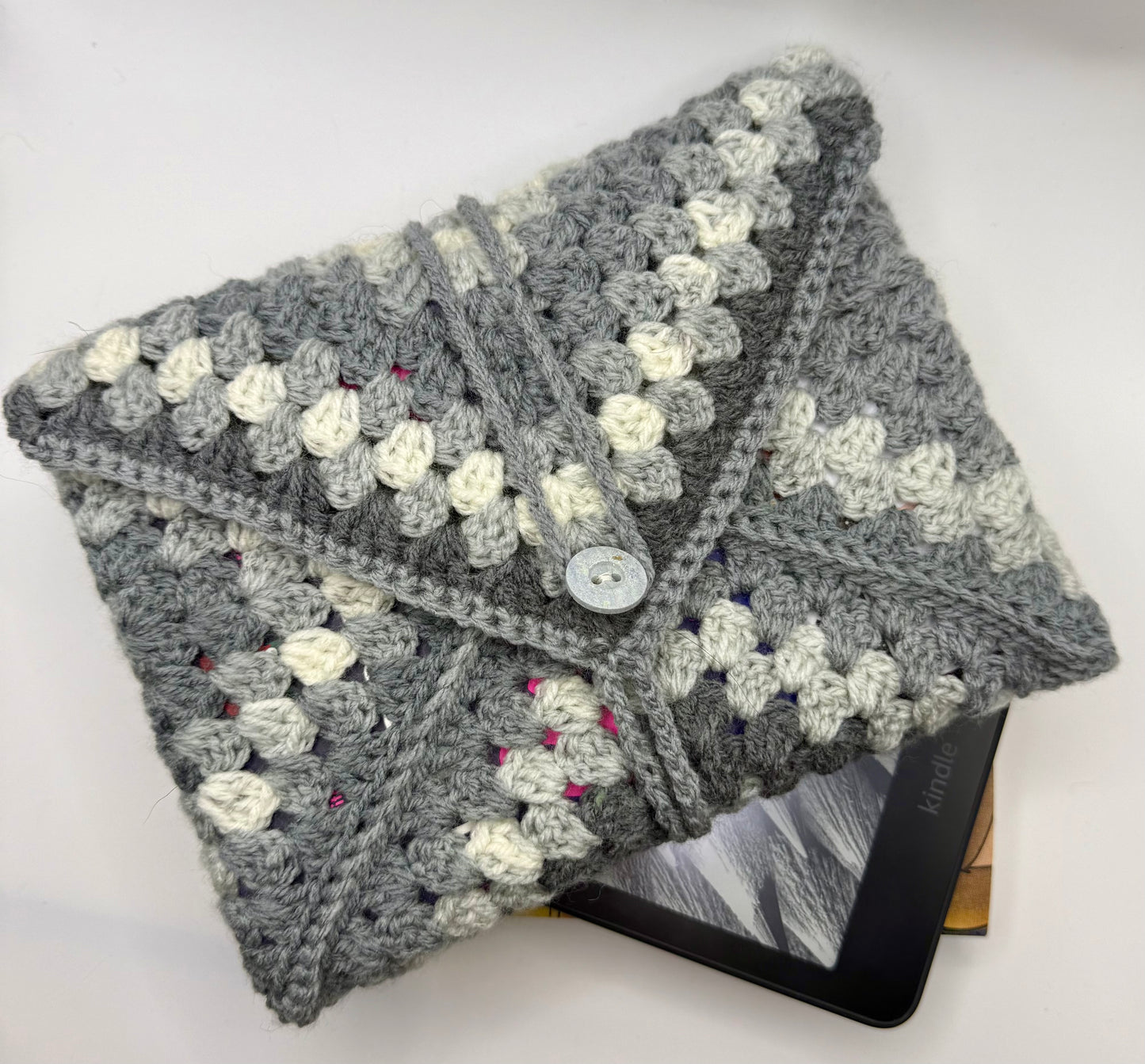 Handmade Crochet Book/Kindle Cozy: Unique Button Closure, Soft Yarn Sleeve